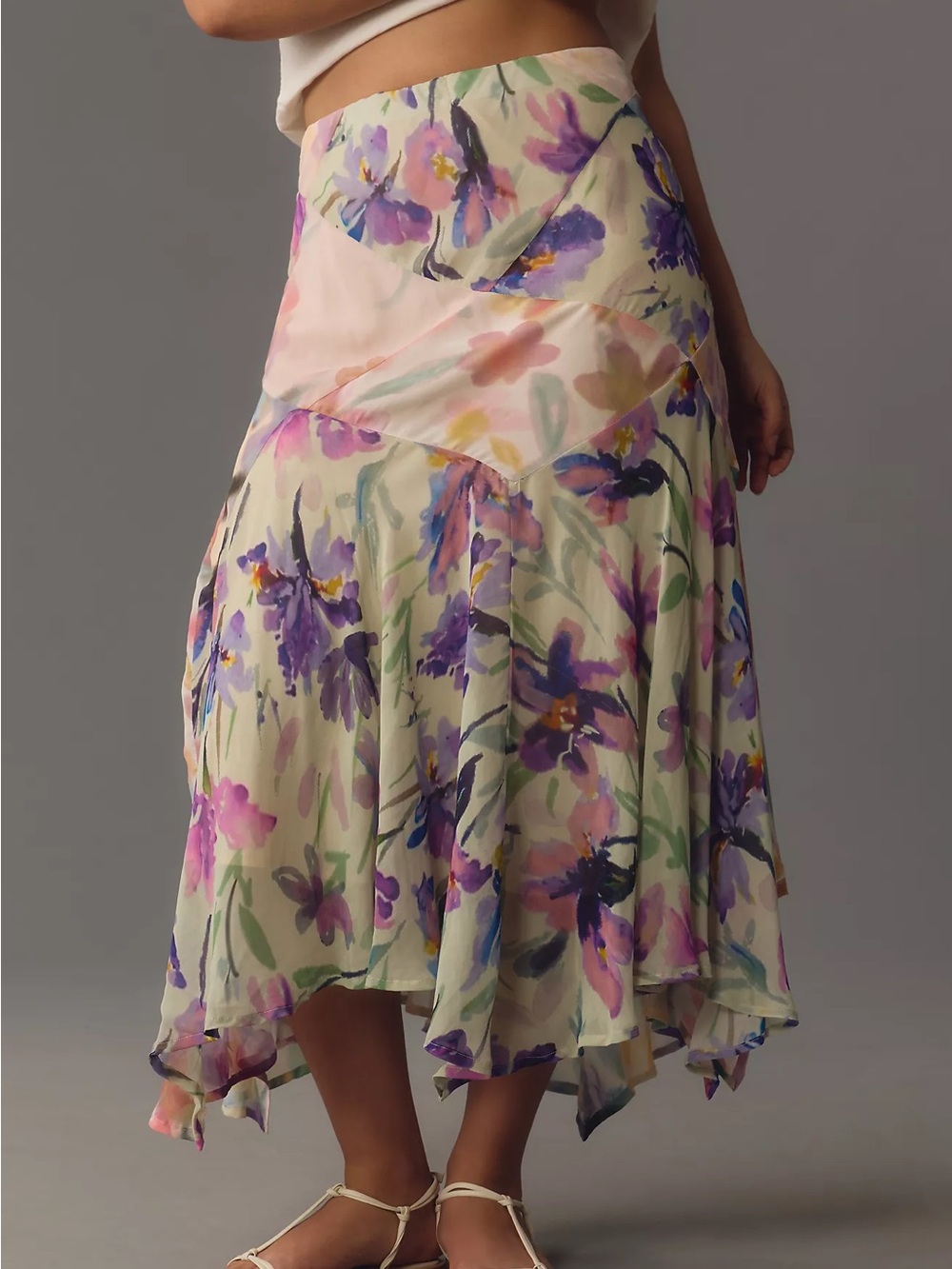 Anthropologie Asymmetric Painterly Floral Midi Skirt